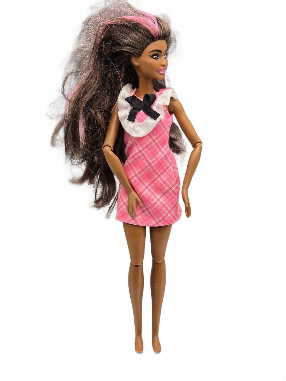 Brunette Barbie Made to move Fashion Doll Pink Plaid Dress, articulated MTM